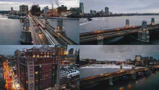 航拍火车地铁行驶过波士顿市中心大桥高清在线视频素材下载