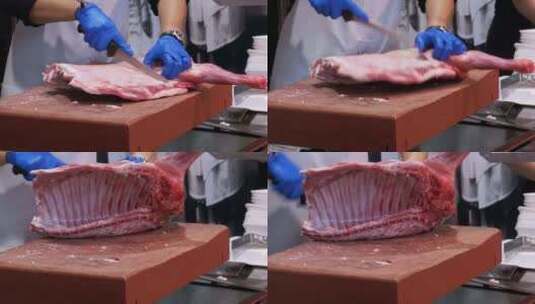 西班牙巴塞罗那拉博克里亚的屠夫用刀把生猪高清在线视频素材下载
