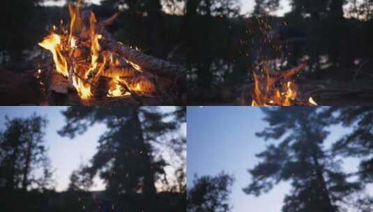 篝火余烬漂浮到傍晚的天空倾斜起来，特写高清在线视频素材下载