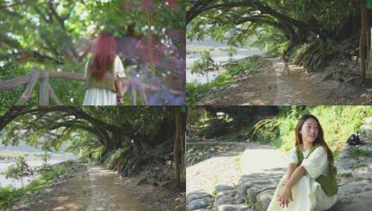 4K美女在溪边走路玩耍（慢镜头）高清在线视频素材下载