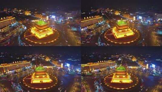 中国陕西西安钟楼高视角城市天际线夜景航拍高清在线视频素材下载