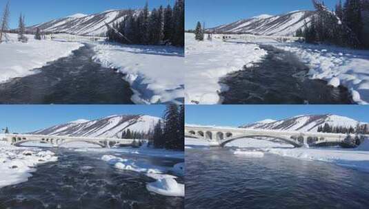 新疆喀纳斯雪景-河道雪包小桥高清在线视频素材下载