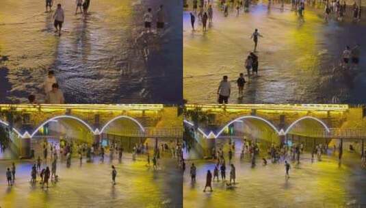 夏日河边戏水的人群上摇高清在线视频素材下载