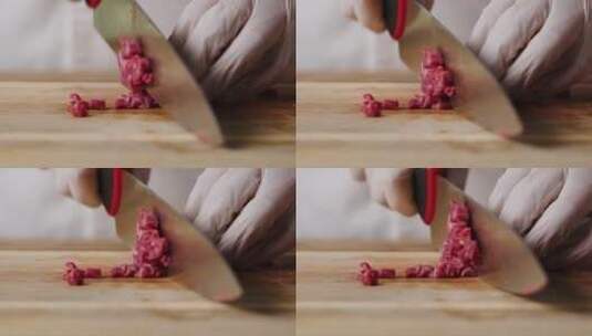 厨师用刀将肉切成肉粒高清在线视频素材下载
