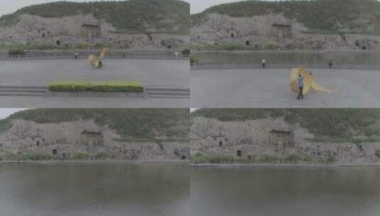 河南洛阳世界文化遗产龙门石窟佛像航拍4K高清在线视频素材下载