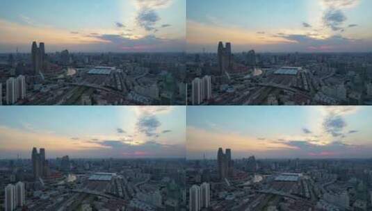 傍晚城市建筑天空夕阳航拍高清在线视频素材下载