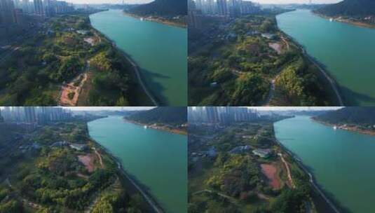 航拍南宁邕江滨江公园城市环境高清在线视频素材下载