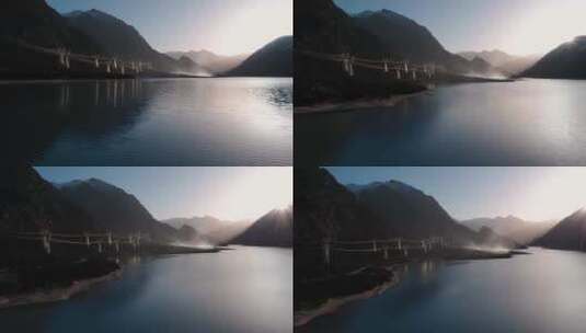 电线电杆湖泊视频青藏高原云雾清晨湖泊日出高清在线视频素材下载