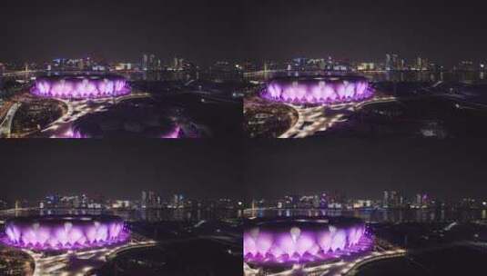 杭州亚运会奥体中心大小莲花亮灯高清在线视频素材下载