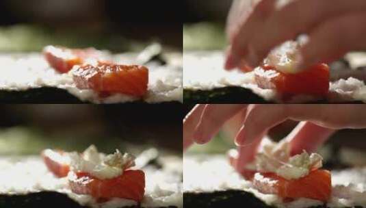 在寿司卷中加入鱼和奶酪高清在线视频素材下载