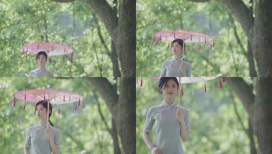 4K江南园林古典美女油纸伞高清在线视频素材下载