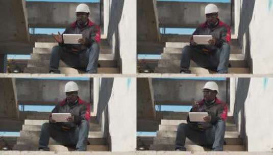建筑师坐在工地看电脑高清在线视频素材下载