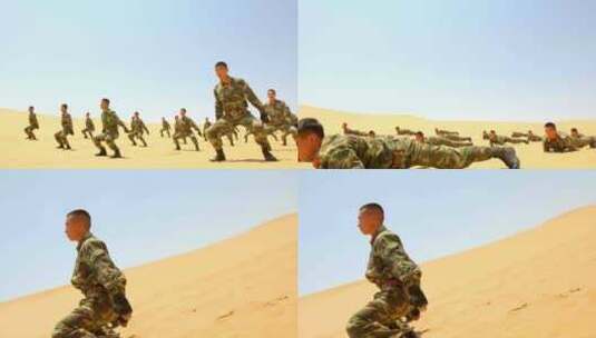 特种兵在沙漠沙地练兵 腾空踢腿 近景 组镜高清在线视频素材下载