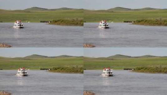 中俄界河额尔古纳河游艇高清在线视频素材下载