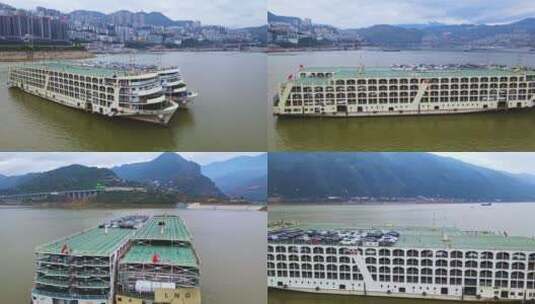 航拍长江江面的大型货轮高清在线视频素材下载