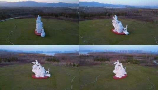 航拍太原晋阳湖晋泉之声雕塑旋转延时高清在线视频素材下载