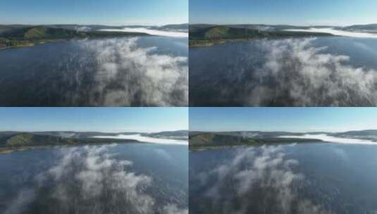 航拍呼伦贝尔晨雾缭绕的湖泊高清在线视频素材下载