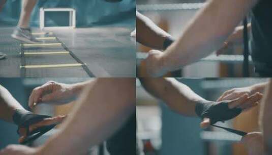 男拳击手训练热身 用拳击绷带包着他的手高清在线视频素材下载
