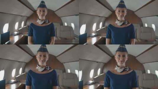 私人飞机客舱内空姐的肖像高清在线视频素材下载