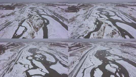 阴雪天航拍农村长河高清在线视频素材下载