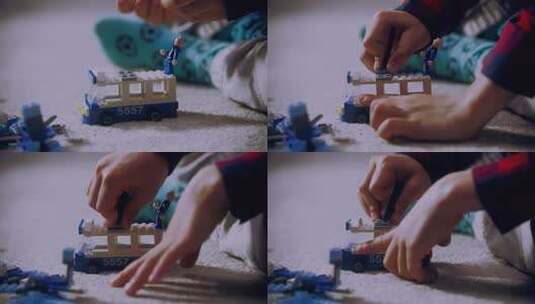 小男孩用积木砖块建造无轨电车高清在线视频素材下载