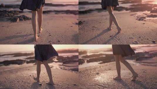 女生光着脚在海边高清在线视频素材下载