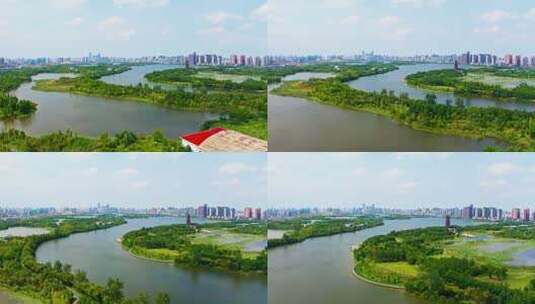中国城市景观，湿地环境与城市建筑高清在线视频素材下载