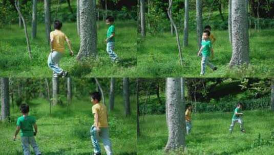 两个小孩在树林里追逐打闹 快乐的童年高清在线视频素材下载