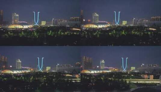 航拍杭州奥体中心夜景2高清在线视频素材下载