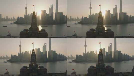 上海外滩陆家嘴日出航拍高清在线视频素材下载