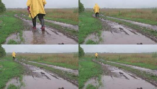 下雨天披着雨衣的男人行走在乡间小路上高清在线视频素材下载