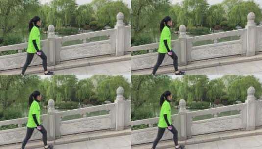 跑步爱好者女孩，济南大明湖景区跑步高清在线视频素材下载