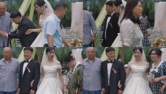 幸福的新郎新娘在户外接待合影高清在线视频素材下载