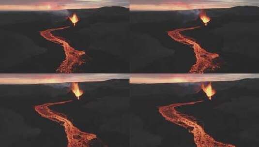 冰岛日落时火山喷发的岩浆和熔岩河。空中前进高清在线视频素材下载