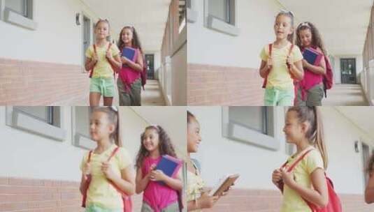 快乐多样女孩走在学校走廊的视频高清在线视频素材下载