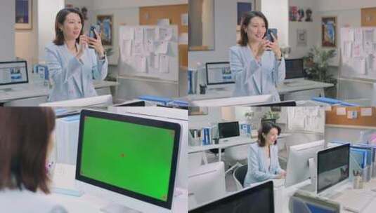 公司办公工位商务女白领手机绿屏电脑绿屏高清在线视频素材下载
