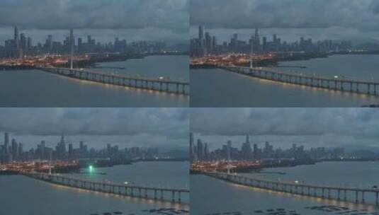 深圳湾大桥清晨灯光航拍高清在线视频素材下载