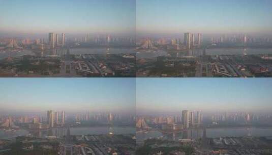 山东日照城市清晨迷雾航拍高清在线视频素材下载