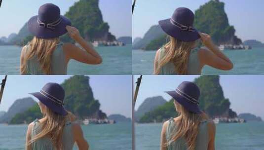 一名年轻女性游客参观越南下龙湾国家公园高清在线视频素材下载