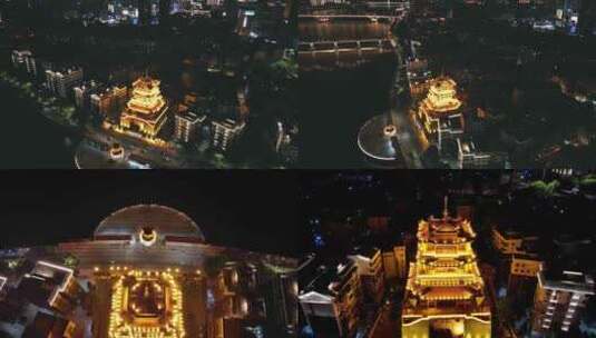 广西柳州西来寺与柳江夜景航拍高清在线视频素材下载