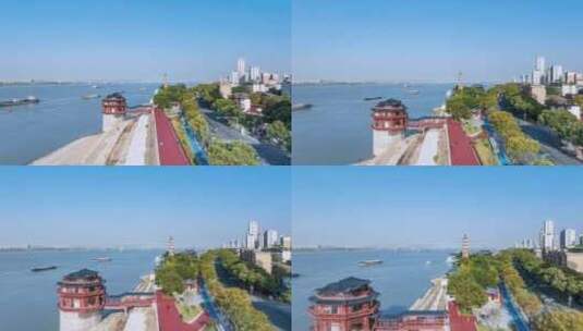 江西省九江市江畔城市景观及锁江楼航拍延时高清在线视频素材下载