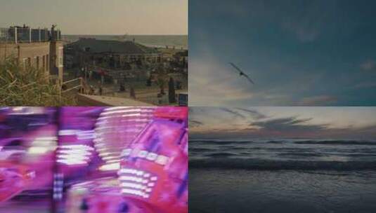 海边海鸟飞翔日落游客行人乐队游乐场玩乐高清在线视频素材下载