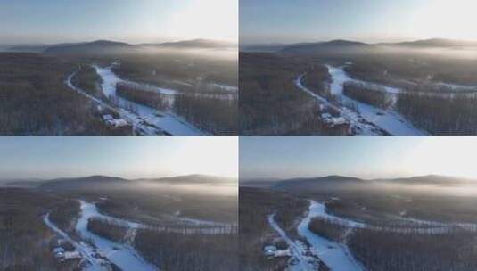 冷空气笼罩的林海雪原朝阳高清在线视频素材下载