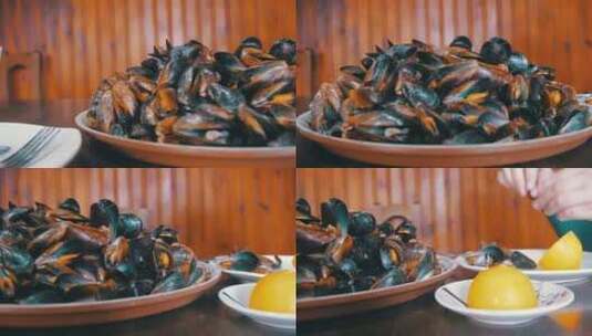 餐厅盘子里的海鲜贻贝高清在线视频素材下载