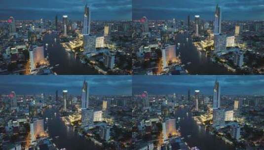 泰国航拍曼谷湄南河CBD城市高楼繁华夜景高清在线视频素材下载