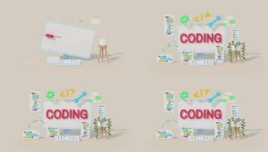 最小卡通风格桌面编码概念。3D渲染动画高清在线视频素材下载