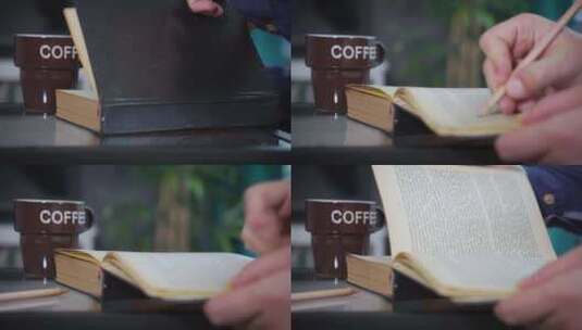 男人看书喝咖啡高清在线视频素材下载