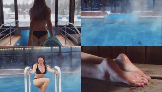 游泳池美女游泳比基尼美女雪中游泳按摩度假高清在线视频素材下载