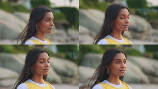 在户外度假时，在海滩或大自然中呼吸、平静高清在线视频素材下载