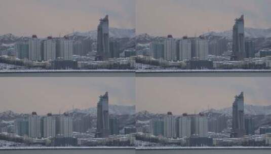 雪后威海侨乡广场的楼群高清在线视频素材下载